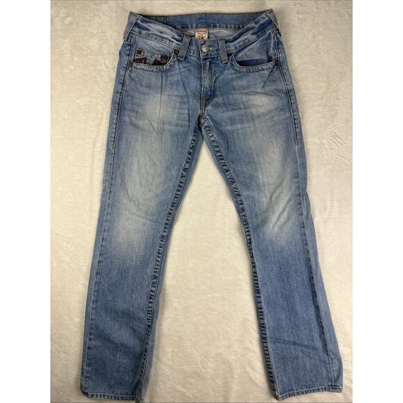 True Religion Jeans Mens Light Blue Size 31 x 32 with Red Stitch Made In USA Y2K - Picture 1 of 11